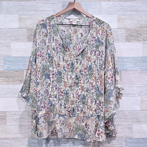 SUNDANCE Sheer Floral Pinkuck Blouse Flutter Dolman Sleeveless Boho Womens Large - Picture 1 of 7